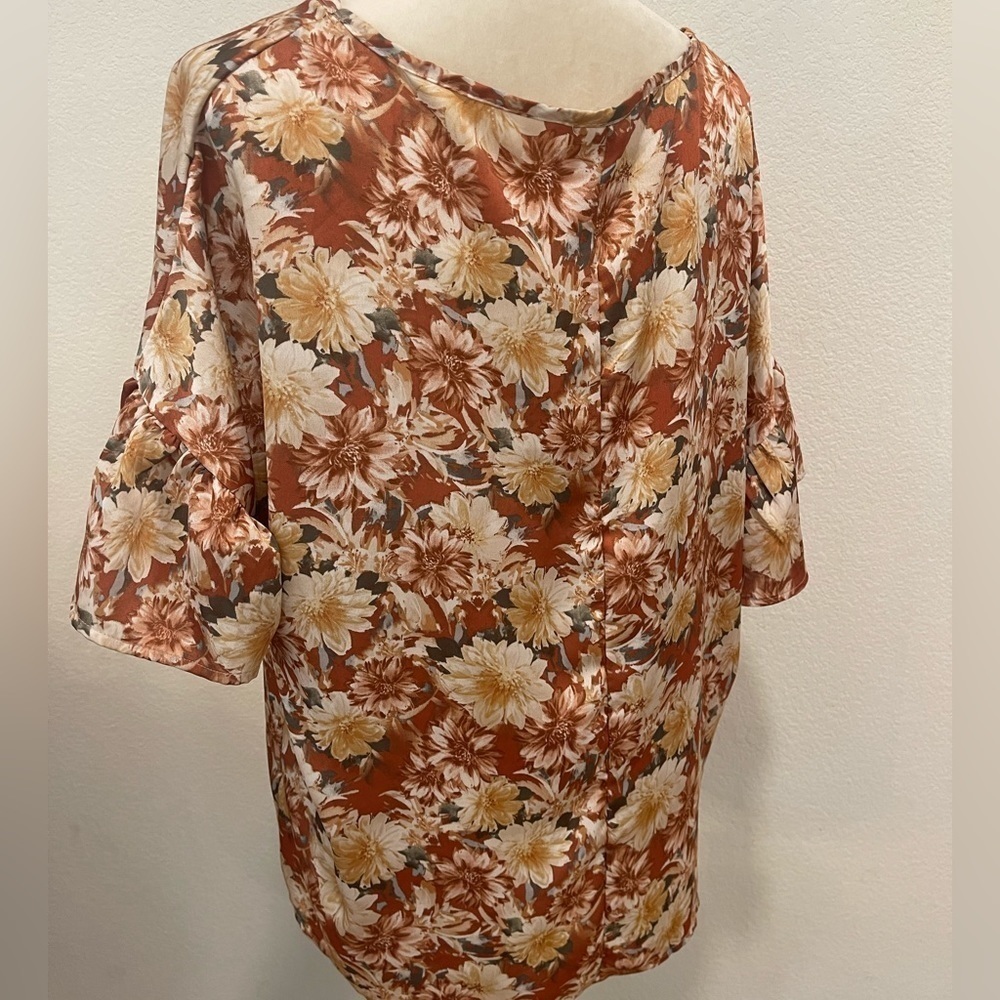 Entro Anthropologie Burnt Orange Multi Floral Print Tunic Top Size Large